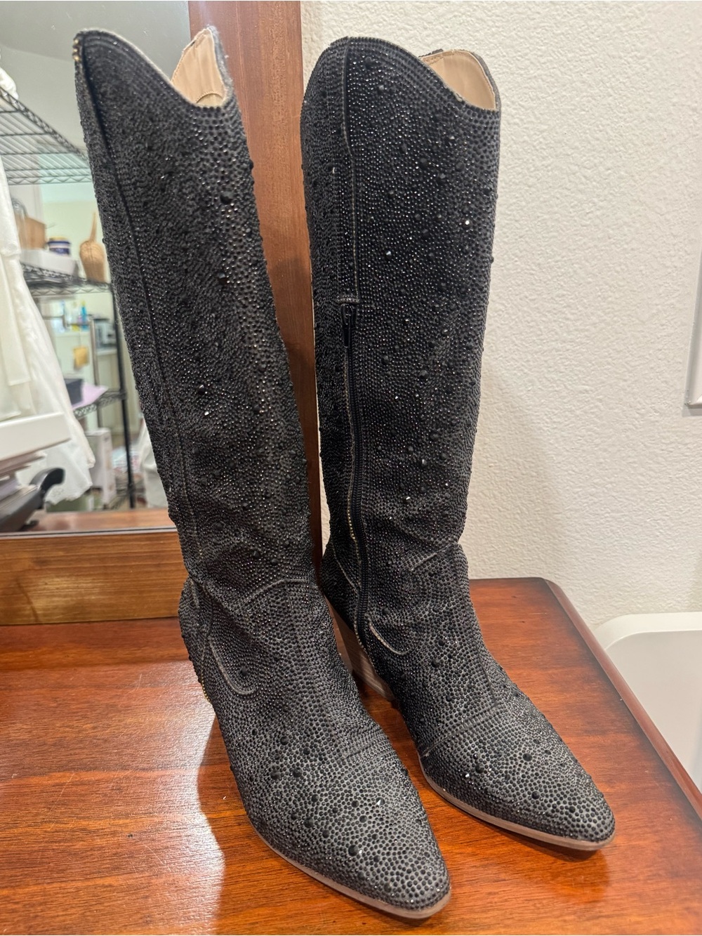 Matisse Black Sequin Knee-High Heeled Boots